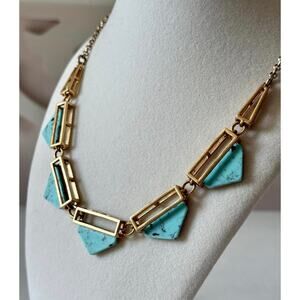 Vintage Geometric Gold Faux Turquoise Necklace Bohemian Chic statement piece